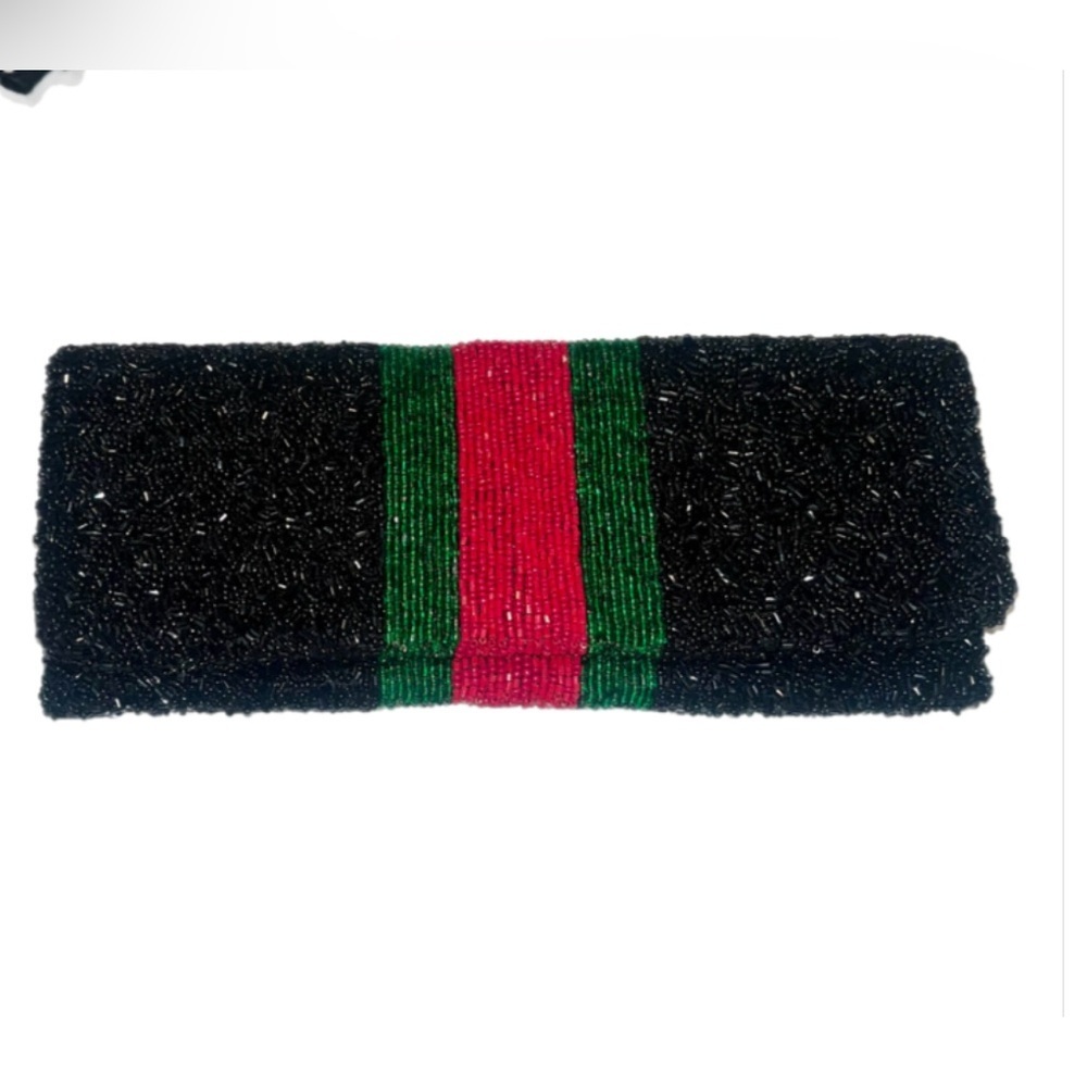 NWOT Tiana Black Beaded Clutch with Red and Green Stripe